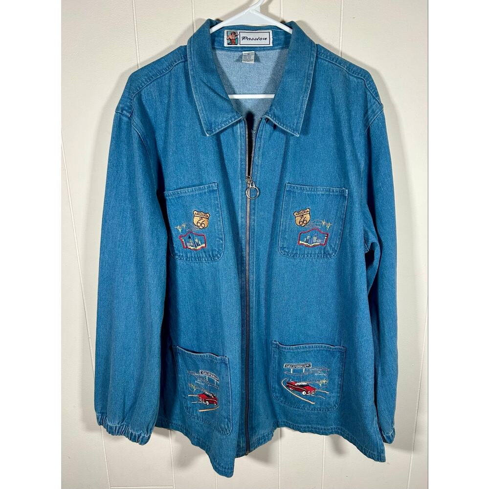 Vintage 90s Passion Route 66 Embroidered Denim‎ Shirt Jacket Zip Up Womens XL